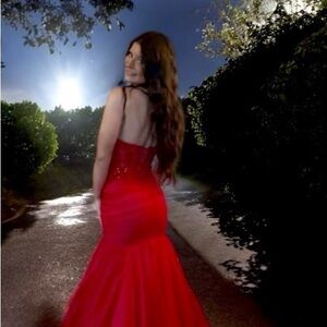 Rachel Allan Red Strapless Prom Dress